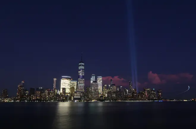 The Tribute in Light being tested in New York City to commemorate 9/11.