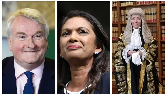 Left to right: The lord chief justice, Lord Burnett of Maldon, Gina Miller, and the president of the Queen’s bench division, Dame Victoria Sharp