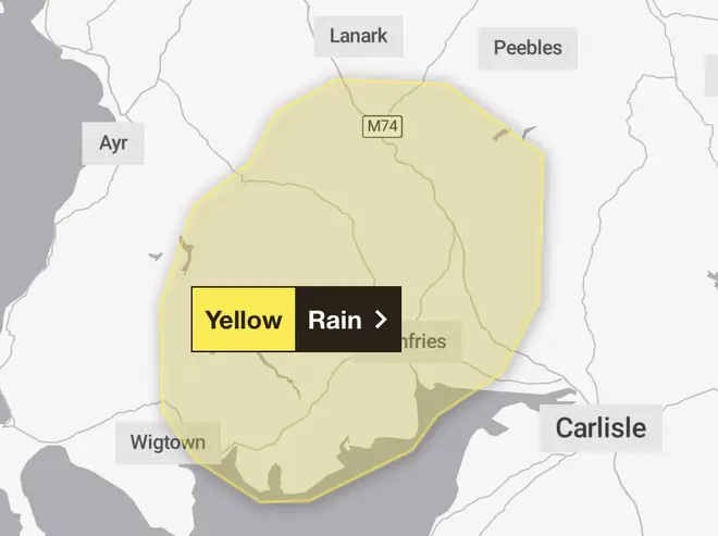 The yellow warning covers Dumfries and Galloway, the Scottish Borders, East Ayrshire, and South Lanarkshire dqxikeidqkikdinv