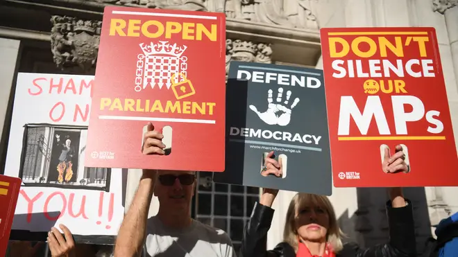 Protesters gather outside the Supreme Court on Monday as lawyers for the Government and anti-Brexit campaigners started putting forward appeals - after the PM denied the move was to silence MPs.
