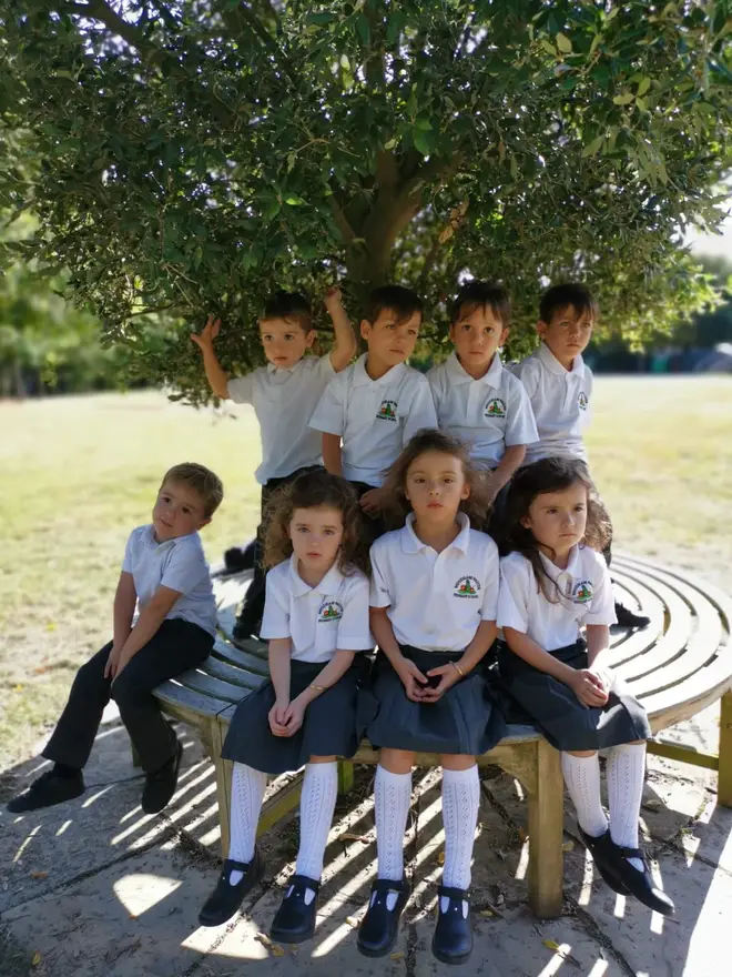 Two sets of triplets and a set of twins are starting school in the same class