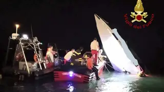 The wreckage of a racing boat that allegedly smashed into a dam at the entrance of the Venice laguna, Italy.