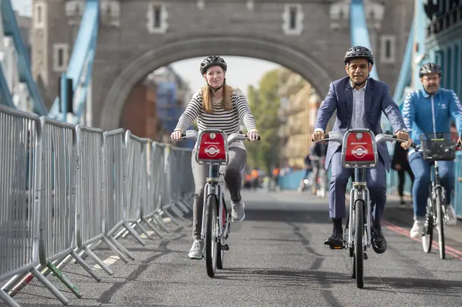 Sadiq Khan cycled across Tower Bridge during today's celebration