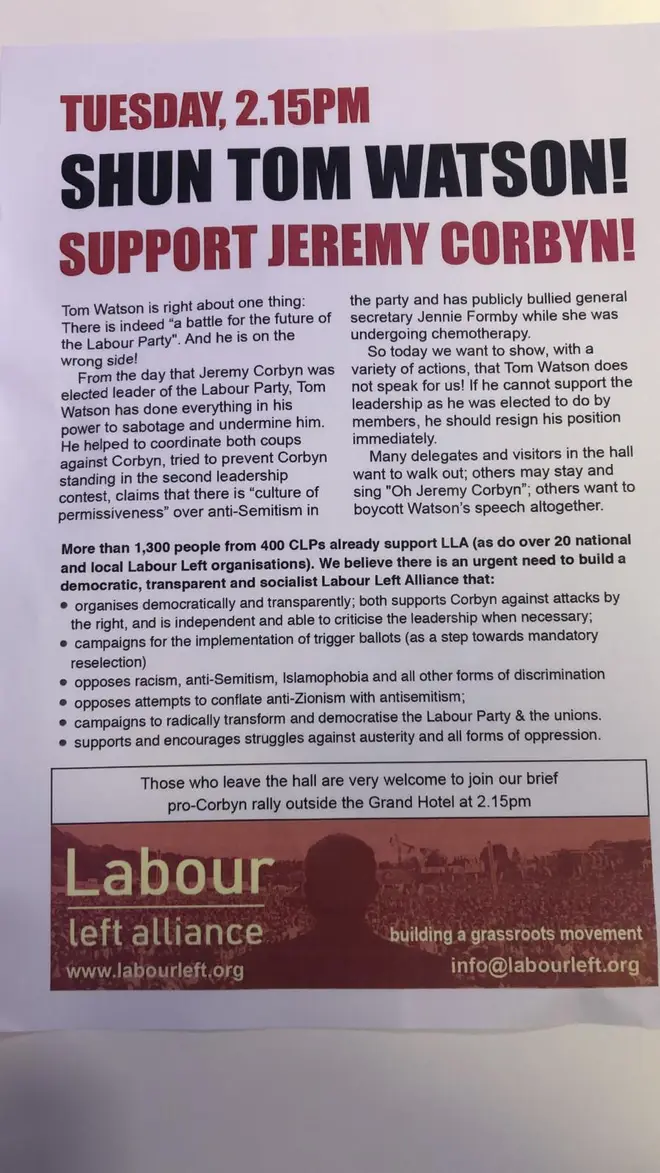 A leaflet is being handed out at Labour's conference calling for Mr Watson's resignation