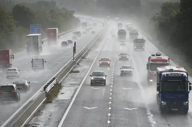 Cars travelling in heavy rain on the M4 in South Gloucestershire.