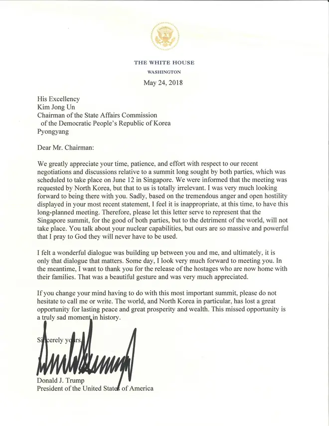 The letter sent to Kim Jong-un from Donald Trump