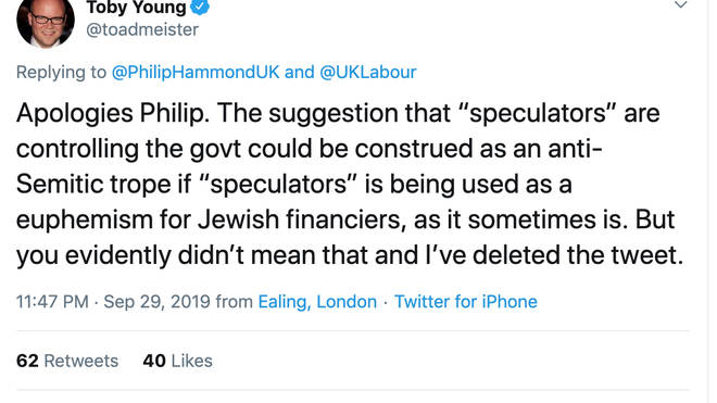 Toby Young Apologises For "Defamatory" Tweet