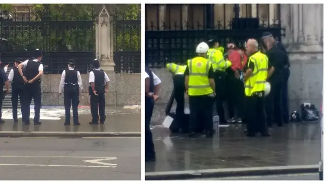 A man has allegedly poured petrol on himself outside the gates of Parliament
