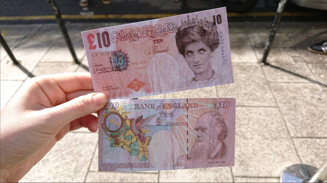 Fake ten pound notes with Princess Diana's face fell onto the pavement outside