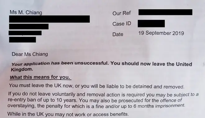 The letter from the Home Office telling Dr Chiang she must leave the UK