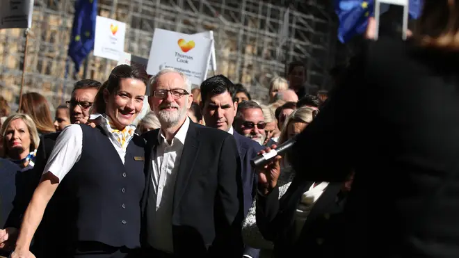 Jeremy Corbyn joined former Thomas Cook workers outside Parliament