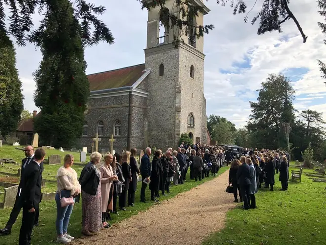 The funeral procession of Libby Squire at St Lawrence's Church in West Wycombe, Buckinghamshire