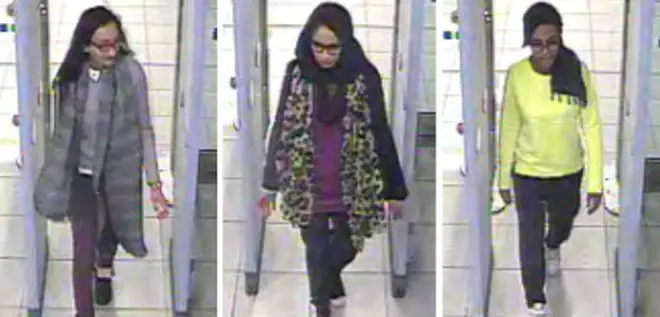 Kadiza Sultana, Shamima Begum and Amira Abase at Gatwick Airport in 2015