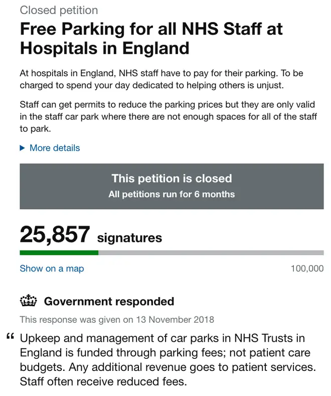 A petition for free parking for NHS staff in 2018