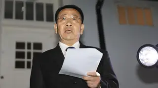 North Korean negotiator Kim Miyong Gil spoke outside the Korean Embassy in Stockholm