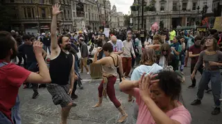 Extinction Rebellion protesters dance in Trafalgar Square