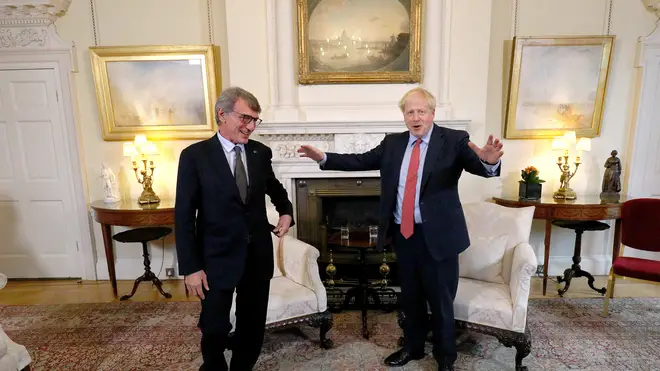 Prime Minister Boris Johnson with the President of the European Parliament, David Sassoli, in Downing Street, ahead of a private meeting.