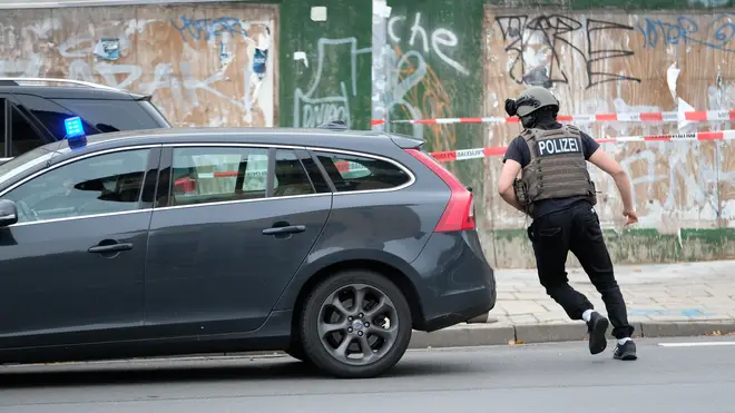 Police seen in Halle in the aftermath of the shooting