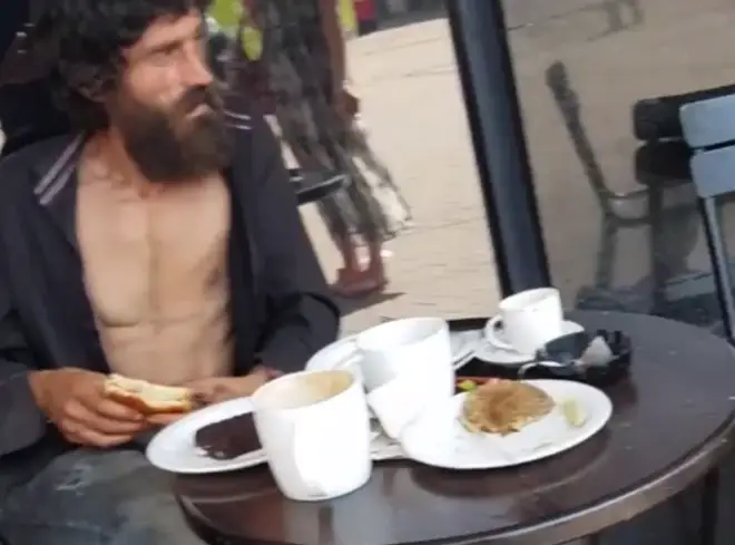 The video shows the man being asked to leave before he had finished his meal