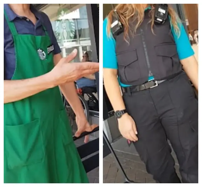 The barista and security guard can be seen asking the man to leave