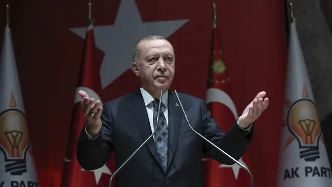 Turkey's President Recep Erdogan speaks to his ruling party officials, in Ankara, Turkey,