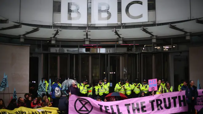 Extinction Rebellion protesters at the BBC's Broadcasting House today