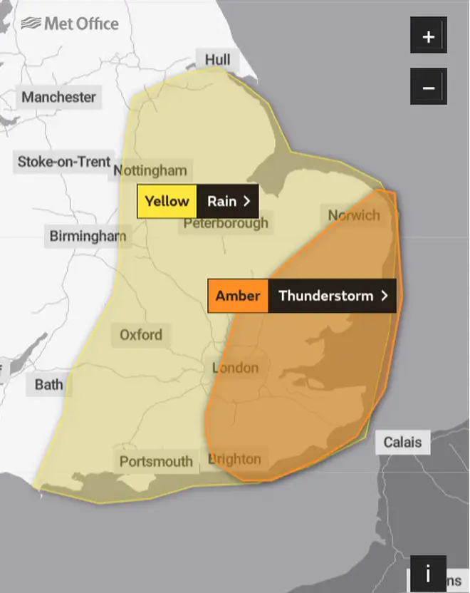 An amber warning has been put in place for much of the south east