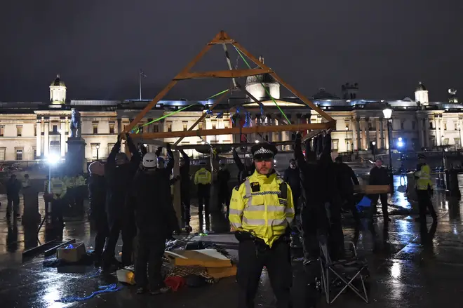 Police dismantled Extinction Rebellion structures that had been erected in Trafalgar Square
