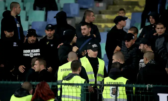Stewards amongst Bulgaria fans in the stands during the UEFA Euro 2020 Qualifying match at the Vasil Levski National Stadium, Sofia, Bulgaria.