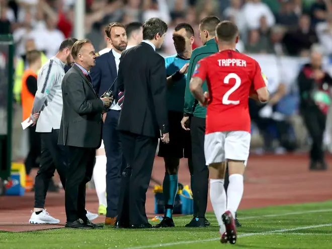 England manager Gareth Southgate (second left) and match referee Ivan Bebek (third right) during Monday's match