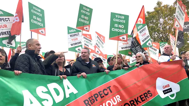 Asda workers marching in the centre of Leeds today