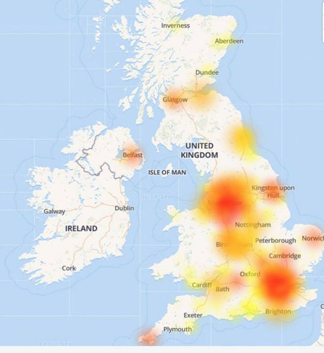 Downdetector map showing the most affected areas