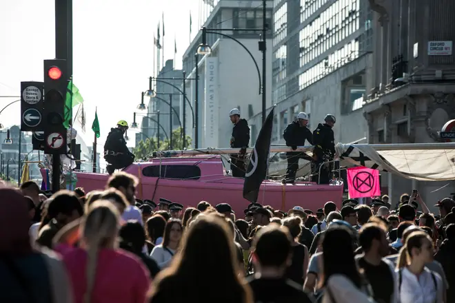 Extinction Rebellion used a pink boat on Oxford Circus to traffic in April