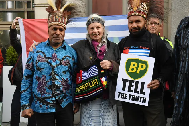 Free West Papua leader Benny Wenda, Dame Vivienne Westwood, and Free West Papua spokesperson Raki Ap outside the head office of BP