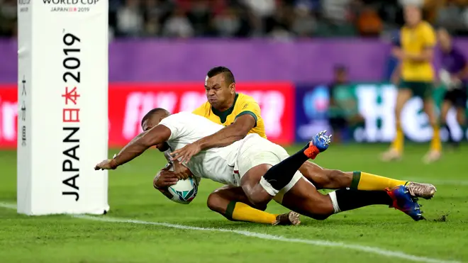 England's Kyle Sinckler (bottom) scores his sides third try during the 2019 Rugby World Cup Quarter Final