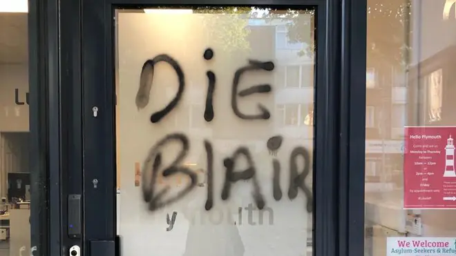 The graffiti daubed on the door of MP Luke Pollard's office