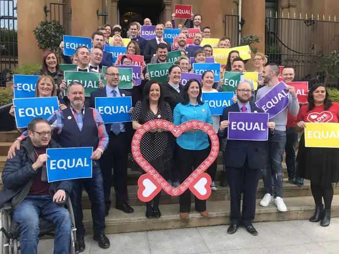 Same-sex couples and campaigners in Northern Ireland celebrated at the Merchant Hotel in Belfast on Monday