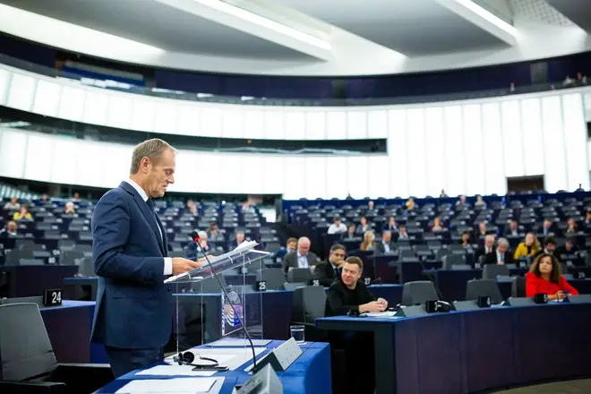 Donald Tusk addresses the European Parliament during the debate on the outcome of the meeting of EU leaders