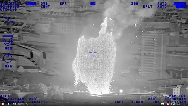 Infra-red image taken from National Police Air Service (NPAS) footage shown before the Grenfell Tower Inquiry