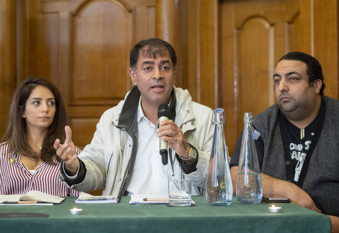 Zazanin Aghlani, Shah Aghlani and Nabil Choucaire, during a press conference at Church House, Westminster