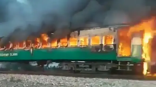 More than 60 people have died after an exploding gas canister caused a train to burst into flames