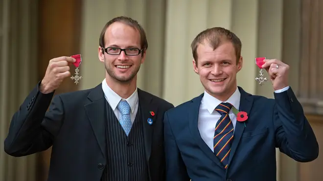 Joshua Bratchley and Connor Roe with their MBE awards following an investiture ceremony at Buckingham Palace, London.