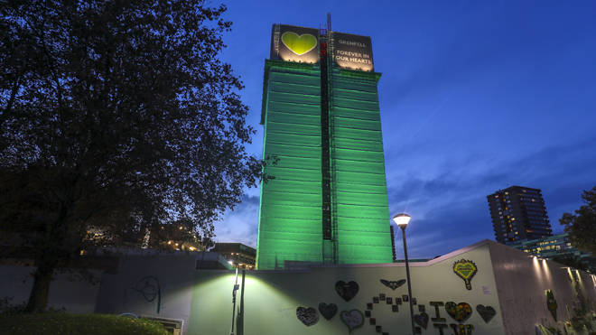 The Grenfell tower illuminated in green on the day the first report from the public inquiry was published