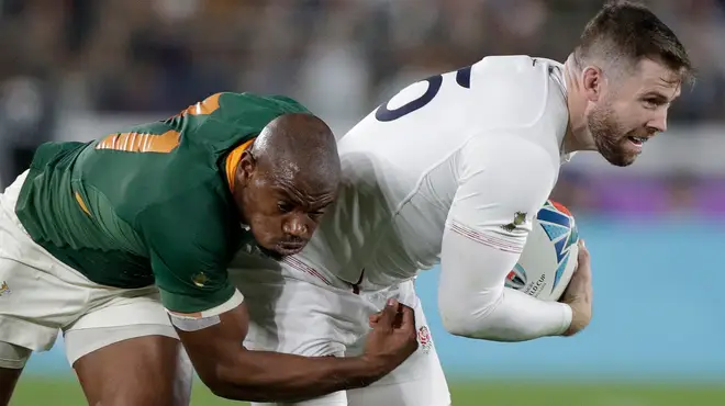 England's Elliot Daly is tackled during the Rugby World Cup final in Japan