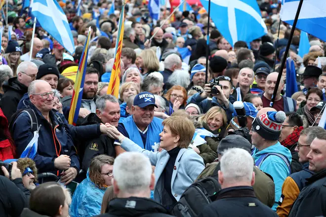 First Minister Nicola Sturgeon shaking hands with supporters at the rally