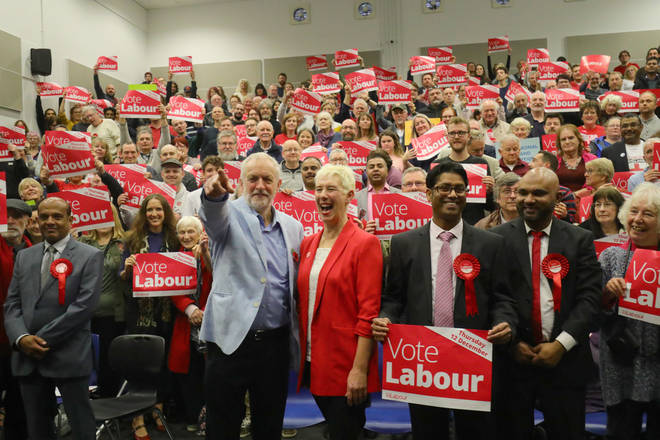 Jeremy Corbyn with North Swindon Parliamentary candidate Kate Linnegar during a rally while on the campaign trail in Swindon