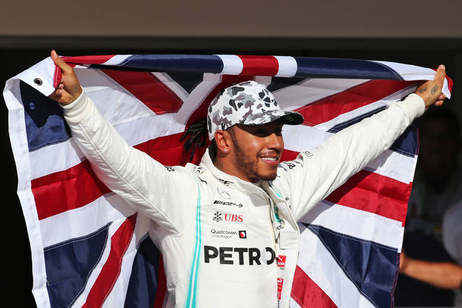 Mercedes driver Lewis Hamilton celebrates victory in Texas