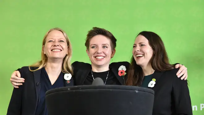 Green Party Co-Leader Sian Berry (left), Deputy Leader and Parliamentary Candidate for Newport West Amelia Womack (right), and Bristol West Candidate Carla Denyer (centre)