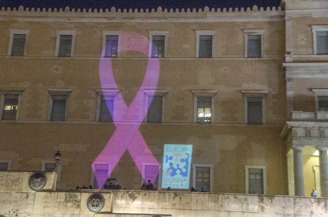 The Greek parliament displaying a Pink Ribbon symbol that promotes breast cancer awareness