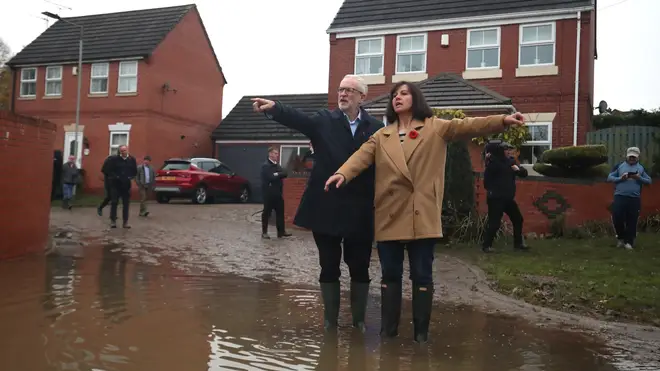 Jeremy Corbyn visits a flooded part of the UK yesterday
